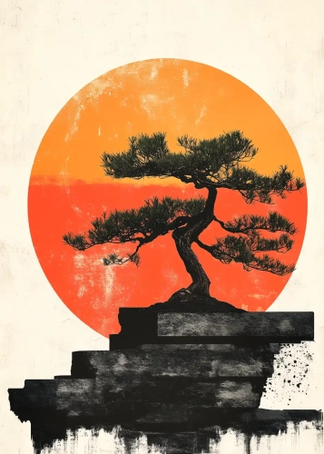 Plakat Bonsai na tle słońca I