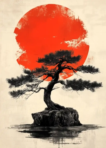 Plakat Bonsai na tle słońca II