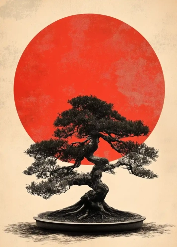 Plakat Bonsai na tle słońca III