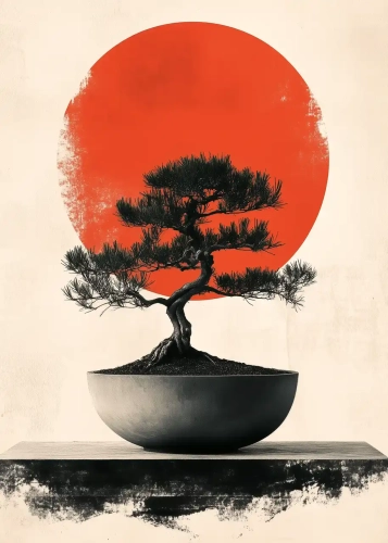 Plakat Bonsai na tle słońca IV
