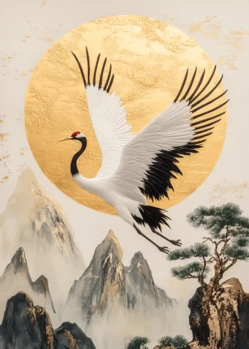 Plakat Żuraw na tle złotego słońca II