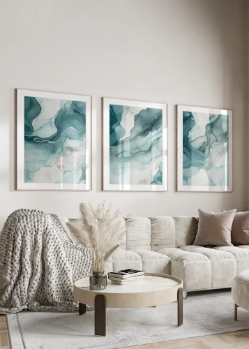 Zestaw trzech plakatów abstrakcyjnych Rozlane akryle – turkus