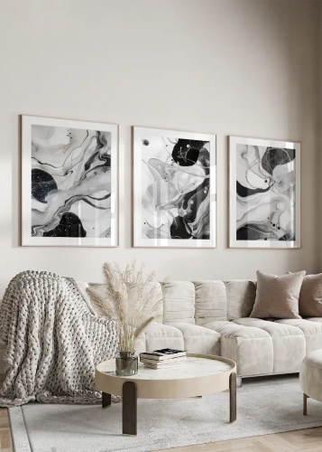Zestaw trzech plakatów abstrakcyjnych Rozlane akryle – szarość