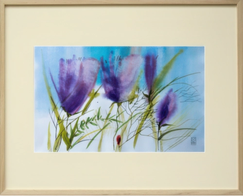 Obraz w ramie 72x52 Fioletowe Kwiaty – akwarela w pastelowych barwach.