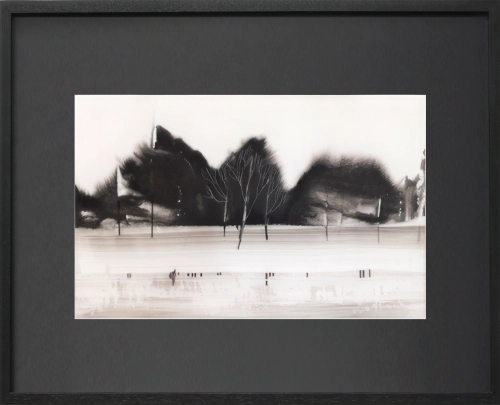 Obraz w ramie 57x42 Czarno-biały pejzaż – minimalistyczna kompozycja z drzewami, czara rama, drewno