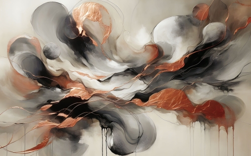 Abstrakcyjny obraz na płótnie w odcieniach miedzi, czerni i szarości, format 60x35.