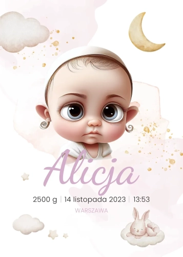 Metryczka W różowych chmurkach (wzór 1)