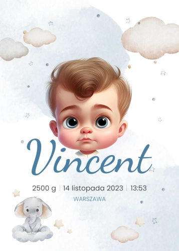 Metryczka W niebieskich chmurkach (wzór 3)