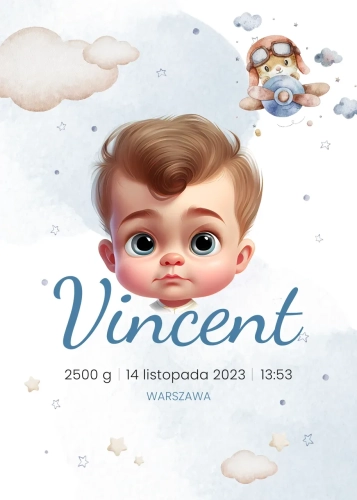 Metryczka W niebieskich chmurkach (wzór 4)