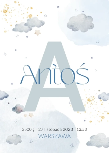 Metryczka Literka w niebieskich chmurkach (wzór 1) dla najmłodszych